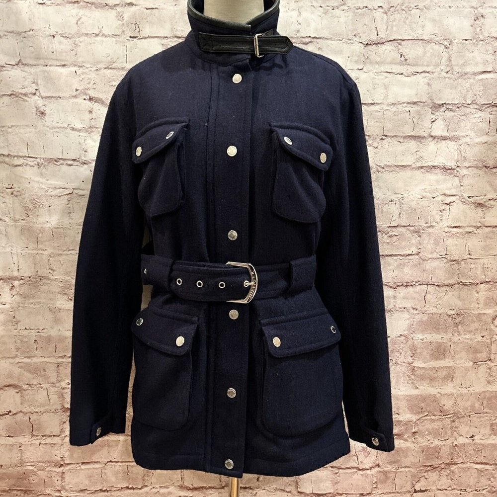 Tommy Hilfiger Y2K Navy Blue Wool Belted Lined Military Moto Coat Jacket Size M
